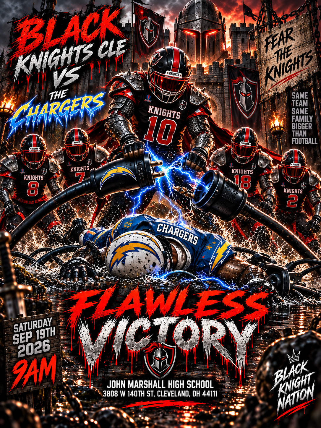 Black Knights CLE versus the Chargers flawless victory graphic
