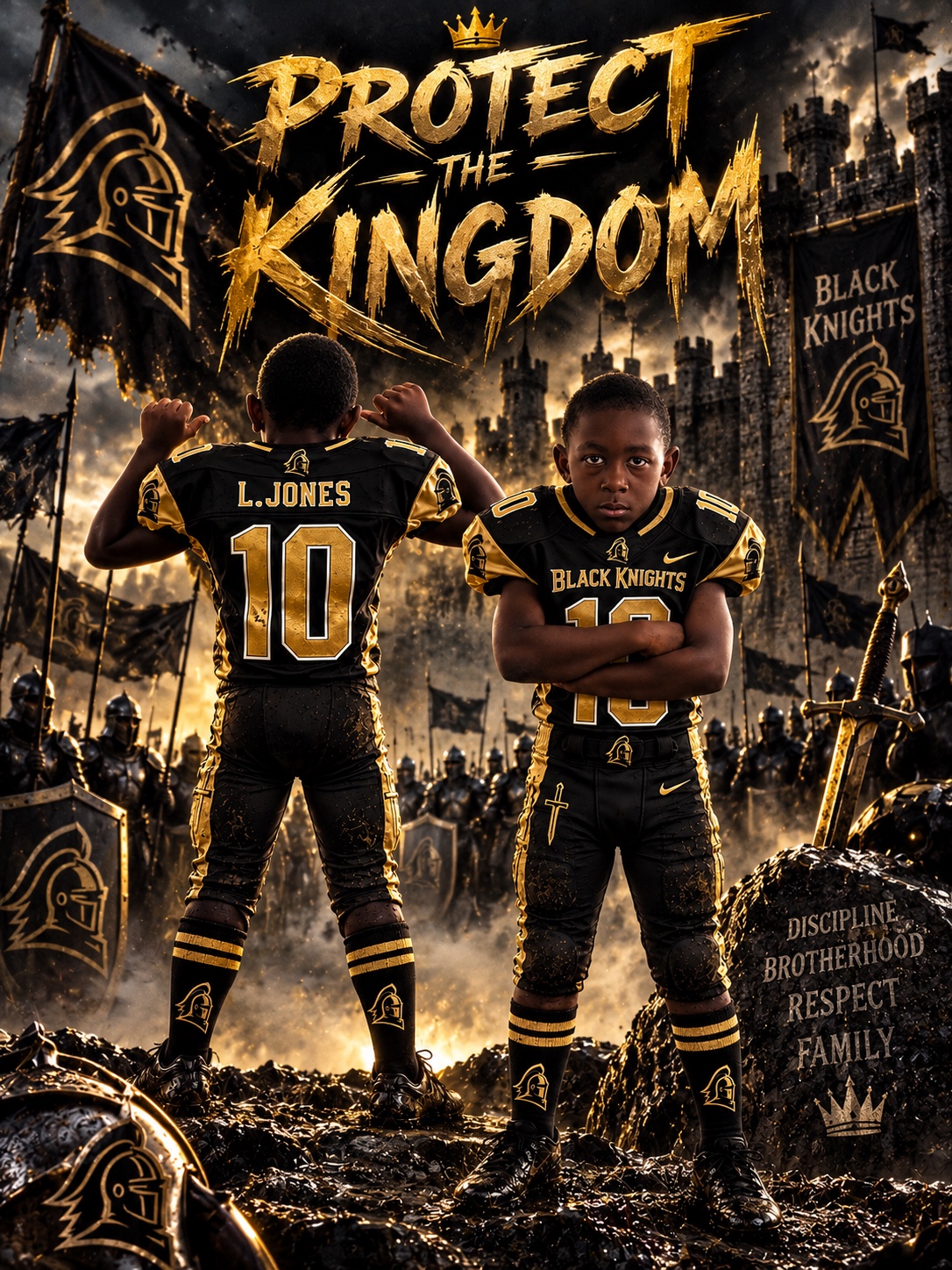 Two young Cleveland Black Knights football players in black and gold uniforms