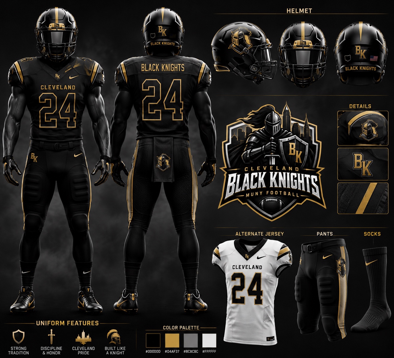 Black and gold Cleveland Black Knights football uniform concept